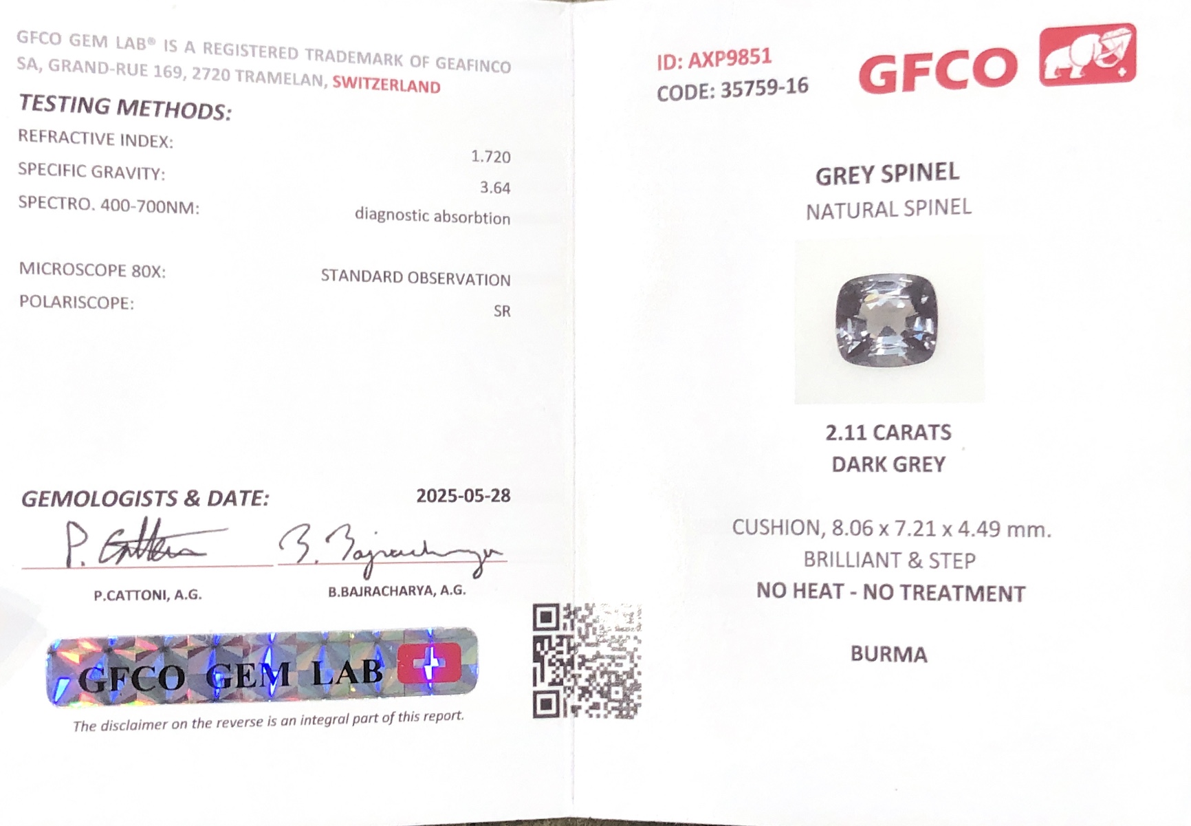 Natural Burma Spinel Dark Grey Colored GFCO Certified 2.11 Carat Loose Gemstone For Jewelry Making,