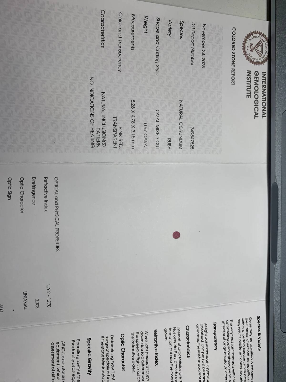 Natural 0.67ct Pinkish Red Ruby Afghanistan IGI Certified Loose Gemstone