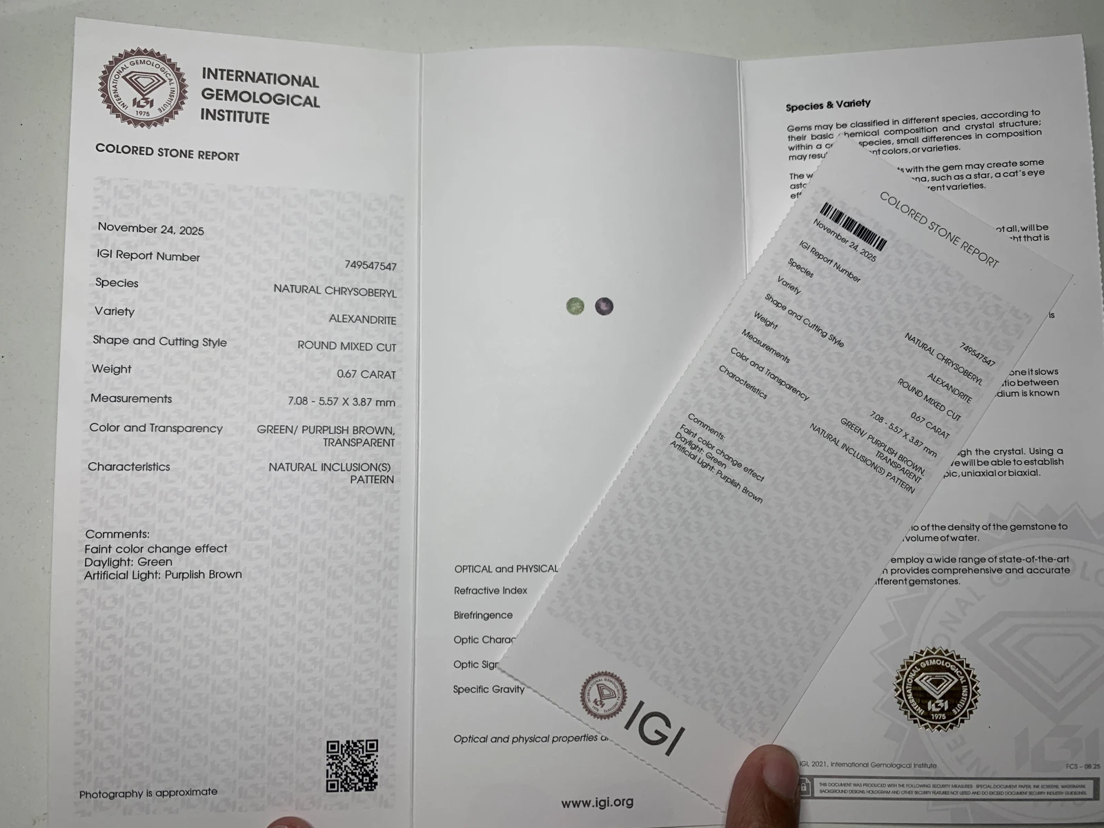 IGI Certified 0.67 ct Natural Green/Purplish Brown Alexandrite Round Shape Loose Gemstone from Sri Lanka