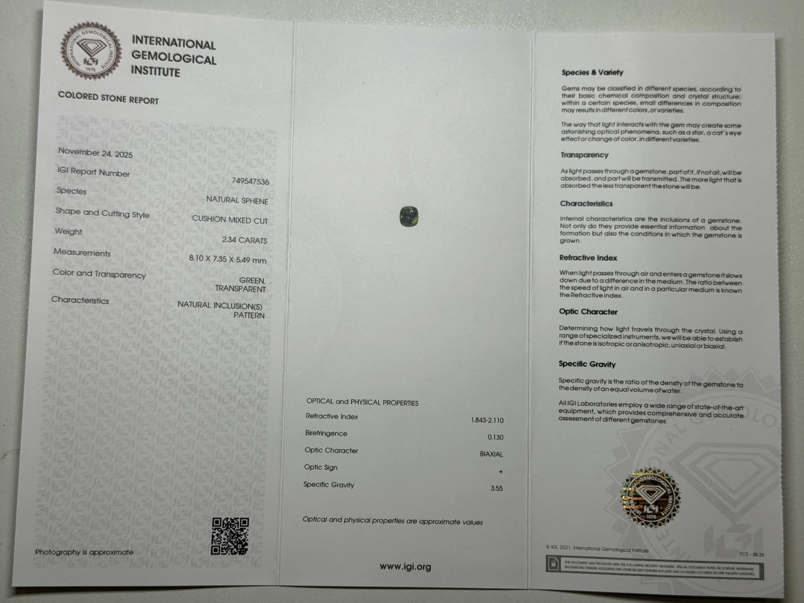 IGI Certified 2.34ct Natural Chrome Sphene Cushion Shape Loose Gemstone from Skardu Pakistan