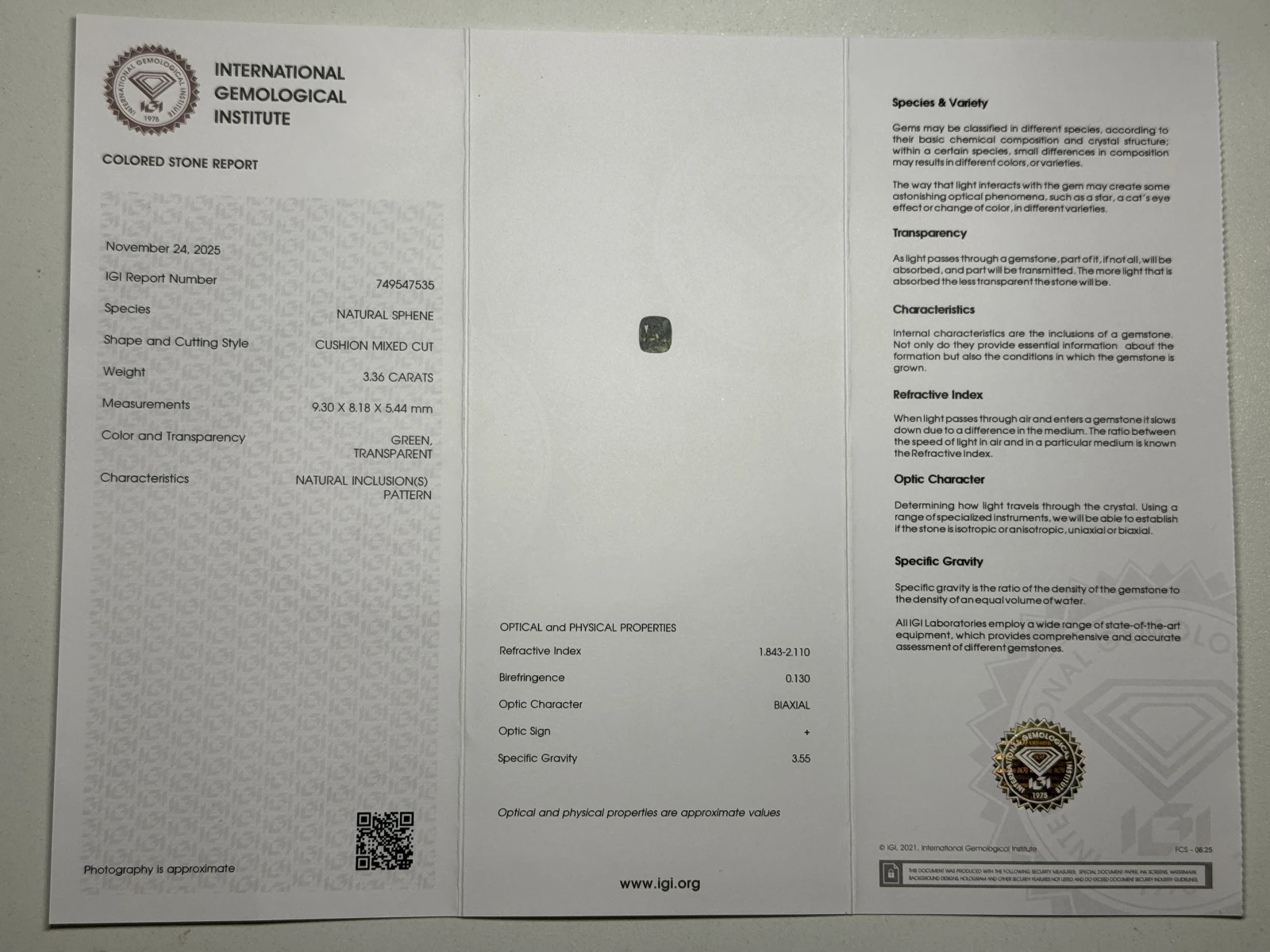 IGI Certified 3.36ct Natural Chrome Sphene Cushion Shape Loose Gemstone from Skardu Pakistan