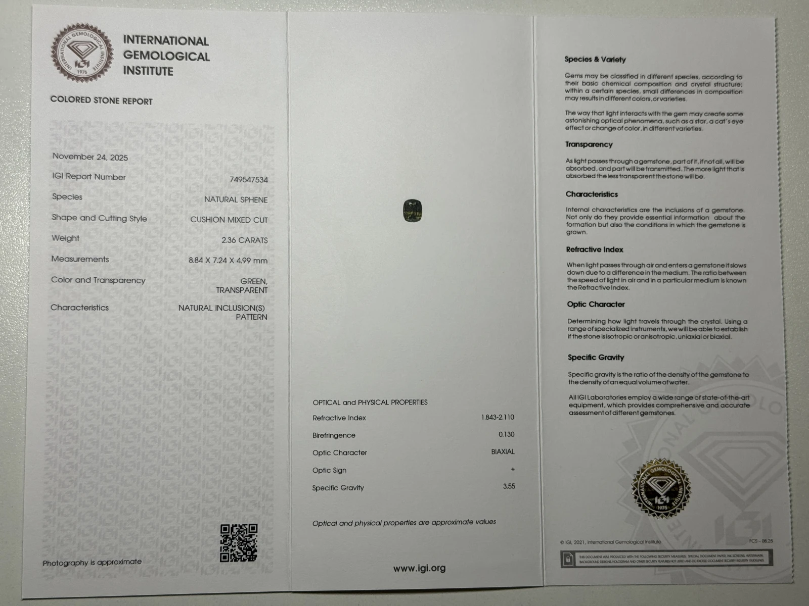 IGI Certified 2.36ct Natural Chrome Sphene Cushion Shape Loose Gemstone from Skardu Pakistan