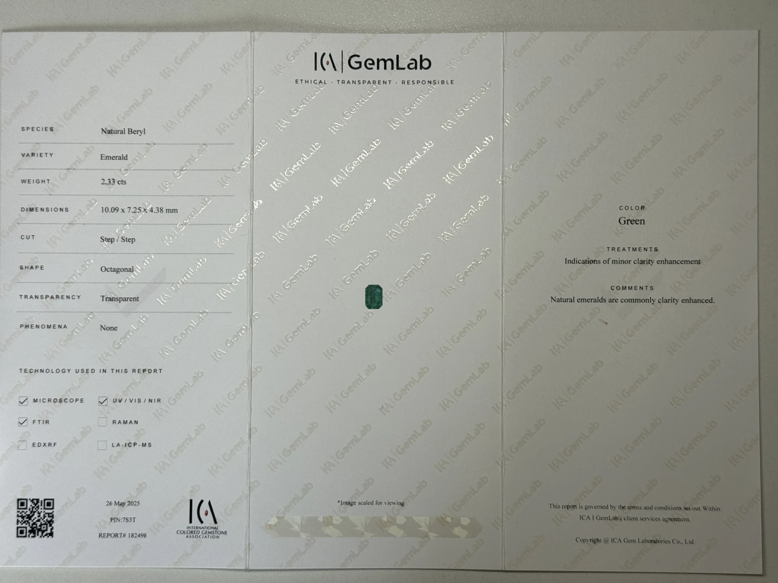 ICA GemLab Certified 2.33 Carat Natural Green Emerald Octagonal Shape Loose Gemstone from Zambia