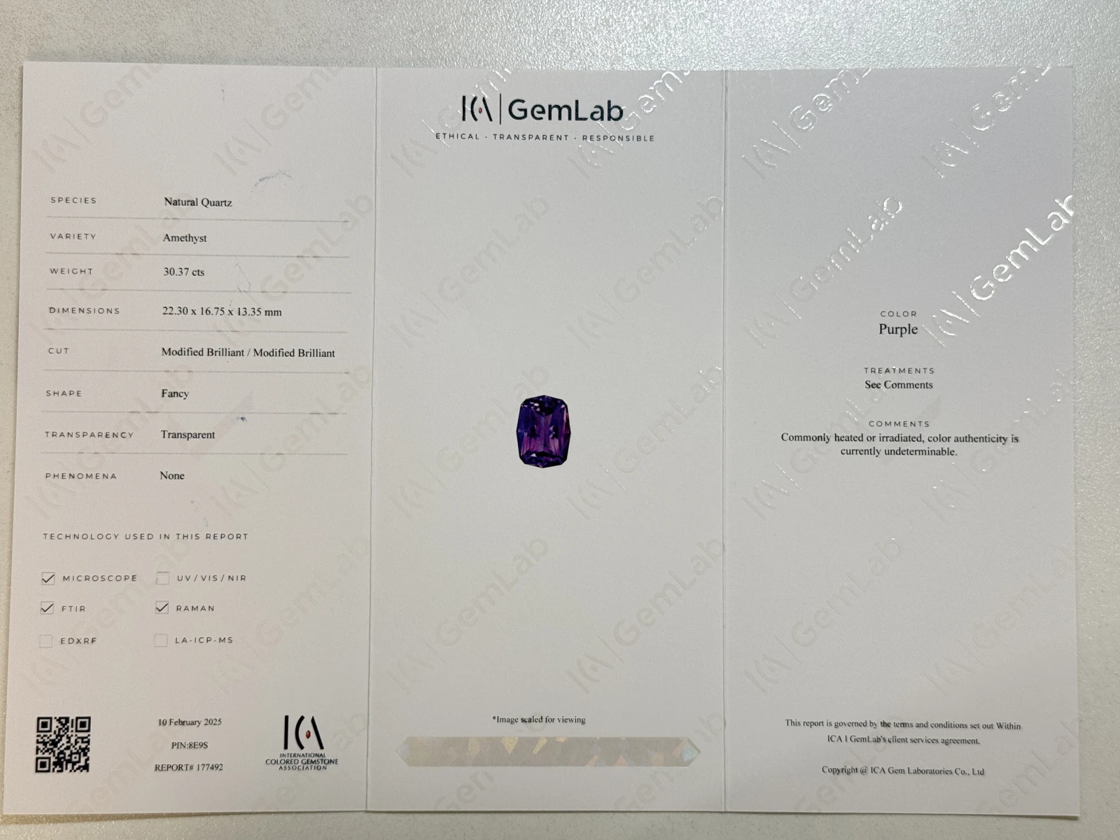 ICA GemLab Certified Natural 30.37 ct Natural Purple Amethyst Fancy Shape Loose Gemstone