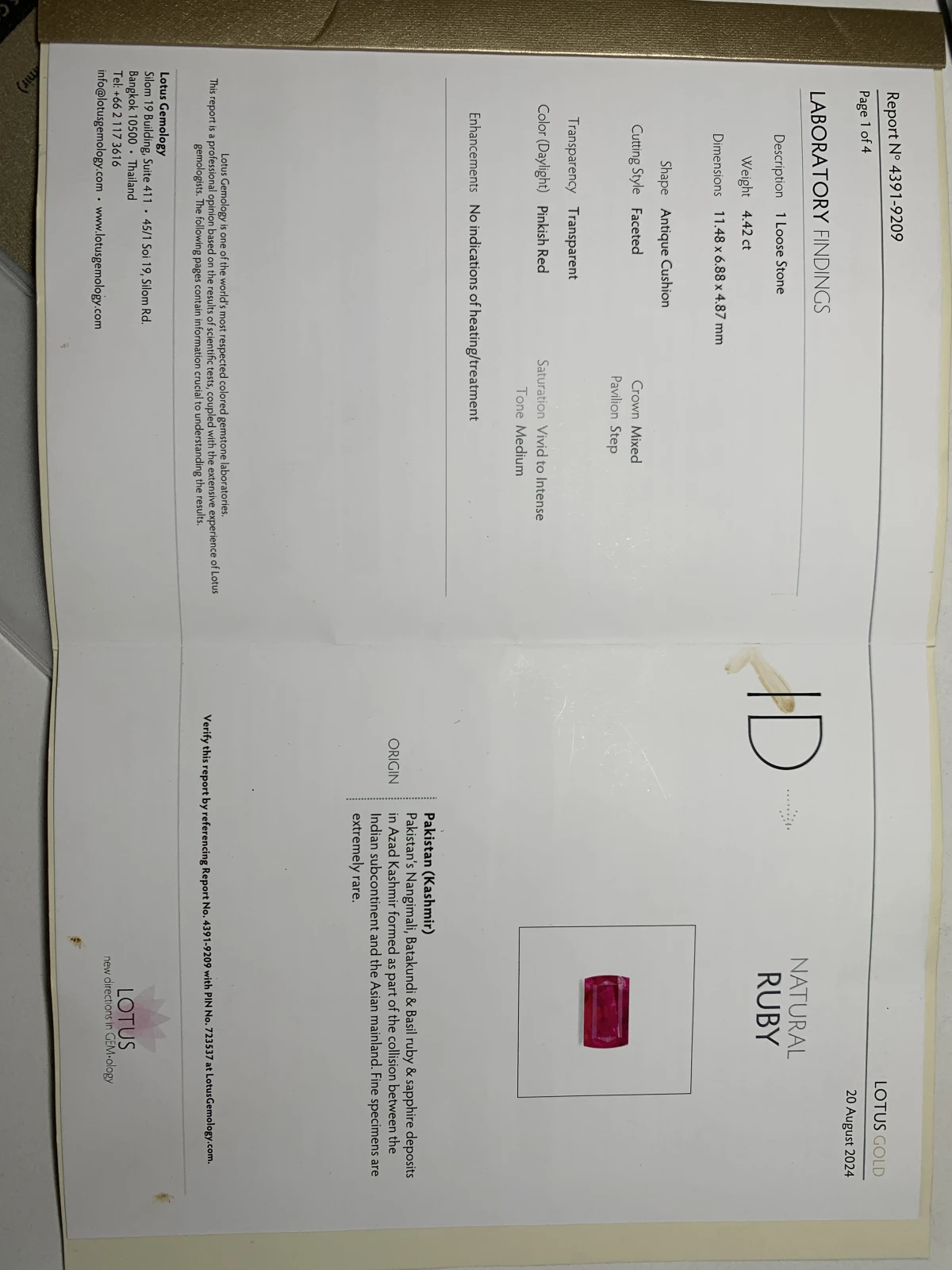 Natural Kashmir Ruby 4.42 carat lotus certified faceted cut cushion Shape Loose Gemstone