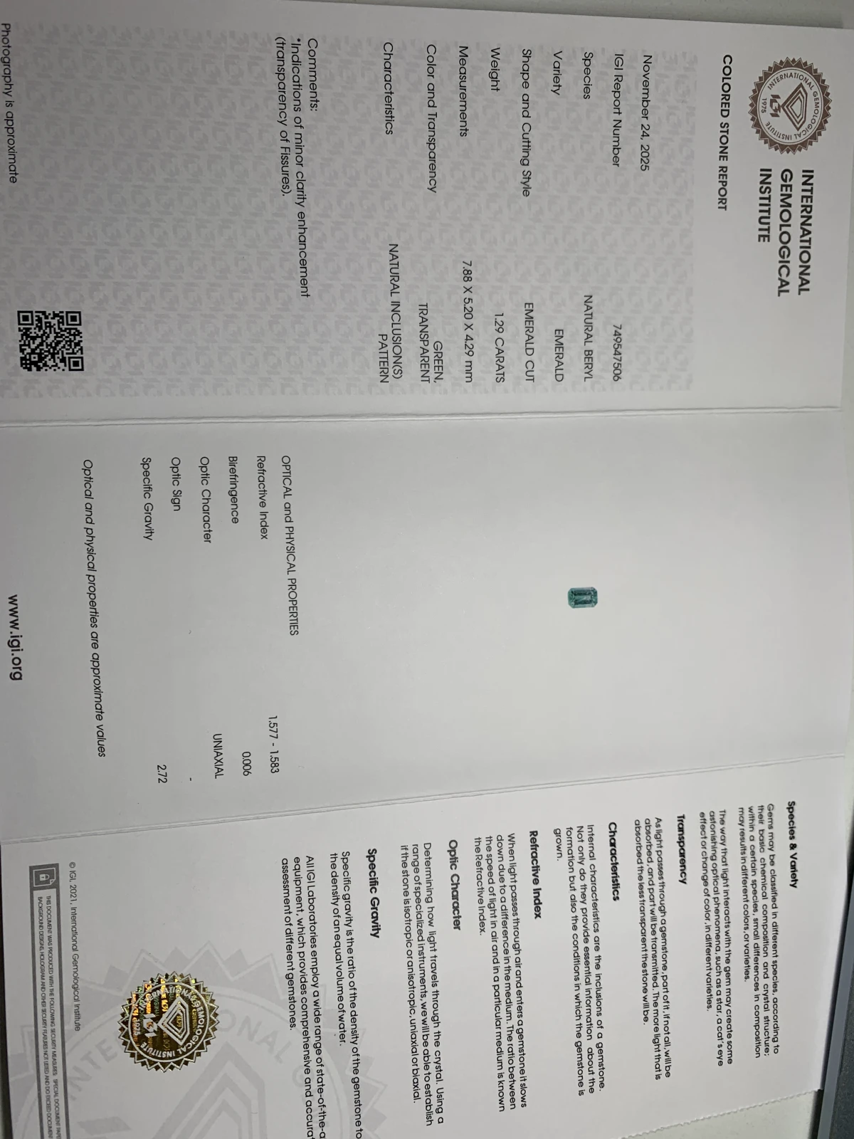 Natural Green Emerald 1.29 Carat Emerald Shape Faceted Loose Gemstone