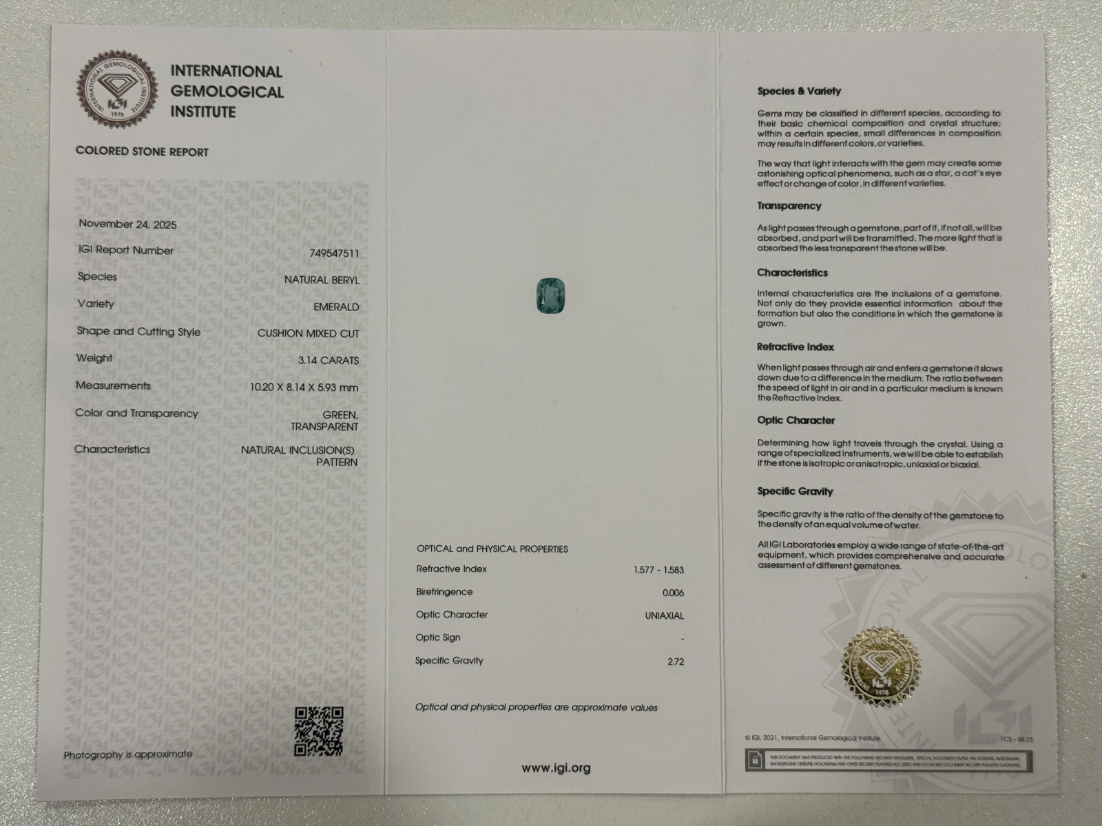 IGI Certified 3.14 ct Natural Panjshir Emerald Cushion Shape Loose Gemstone from Afghanistan