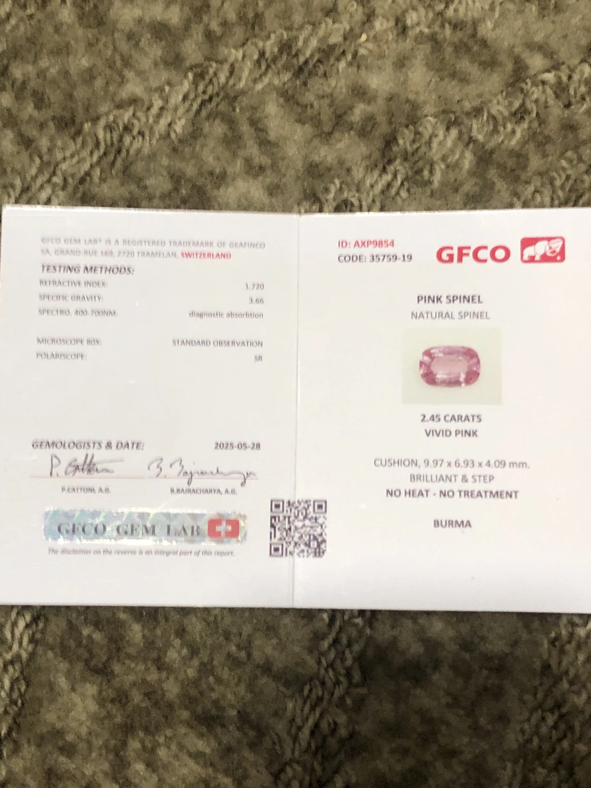 Natural Vivid Pink Spinel 2.45 Carat Faceted Cushion Shape Loose Gemstone For Jewelry