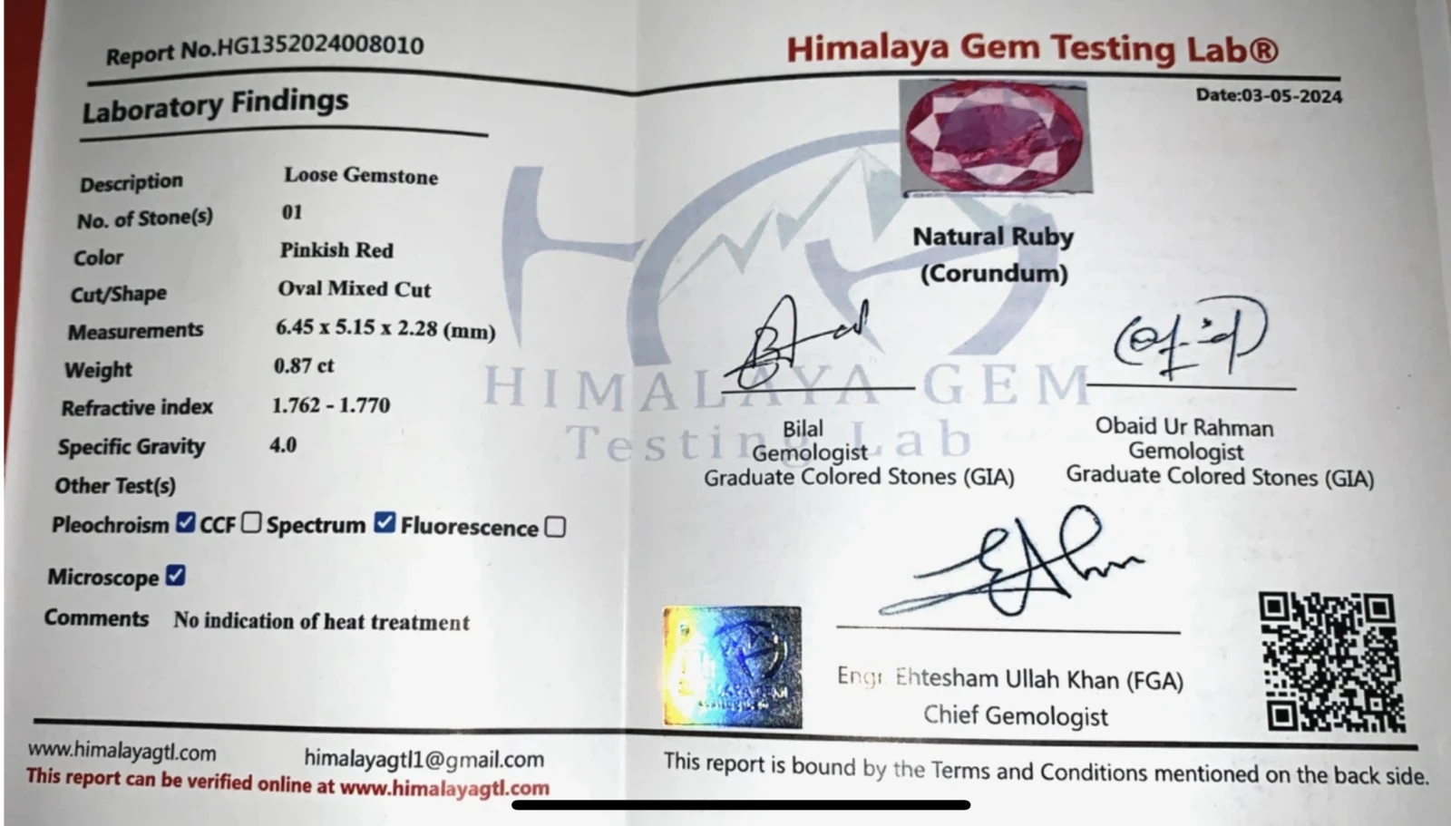 0.87ct Natural Ruby loose gemstone oval cut HGTL certified