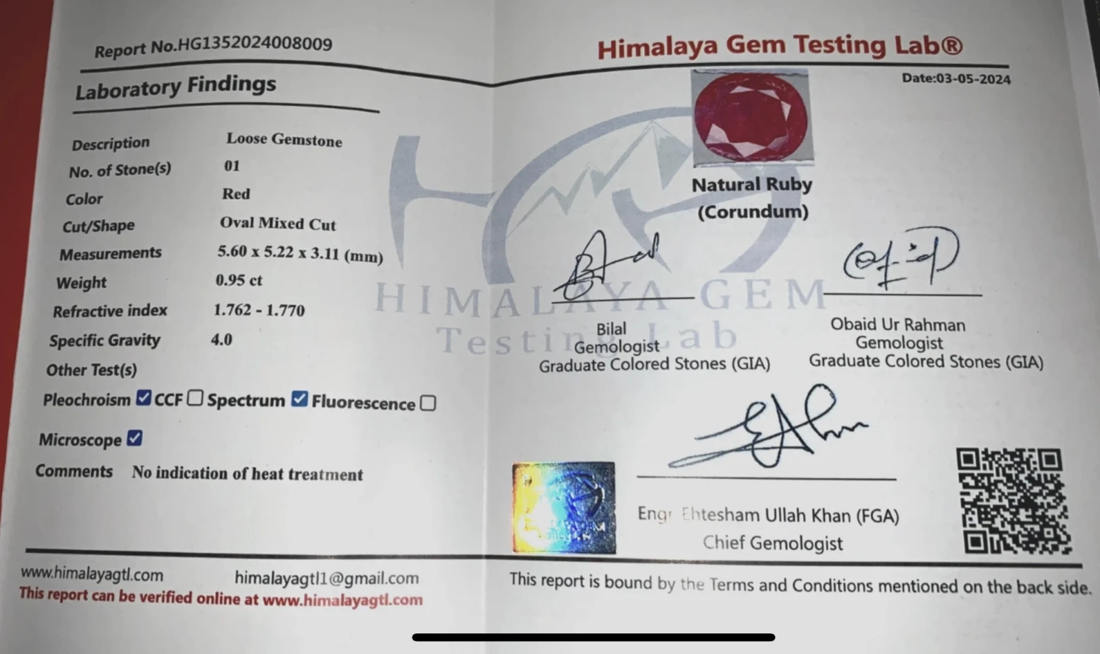 0.95ct Natural Ruby loose gemstone oval cut HGTL certified